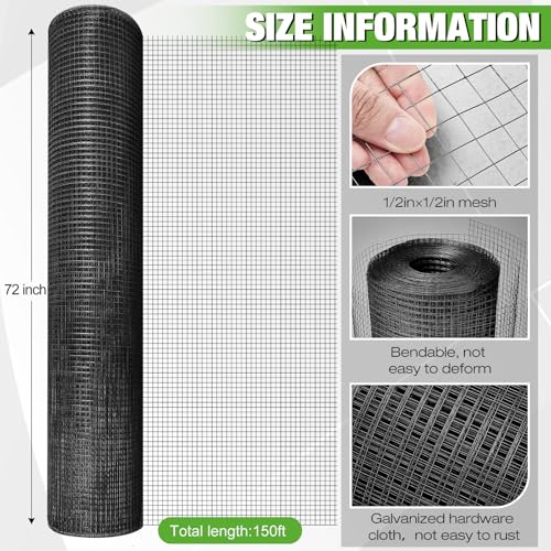 Tatuo Hardware Cloth 1/2 Inch 72in x 150ft Hot Dip Galvanized After Welded Cage Mesh Rolls 21 Gauge Metal Chicken Wire Roll Wire Fencing Poultry Netting for Raised Garden Rodent Animals - color: Black, size: 72in X 150ft
