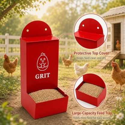 Chicken Feeder 2 Pack, Metal Wall-Mounted Automatic Feeder for Oyster Shell & Grit, No-Spill Heavy-Duty Chicken Coop Accessory, Feed Dispenser for Backyard Poultry