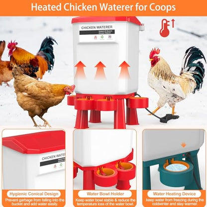 Heated Chicken Waterer, Plastic Chicken Water Heater, Anti-Freeze Heated Poultry Drinker with 4 Cups, Winter and Summer Dual-use, Poultry Water Heater for Chickens, Ducks, Geese - Dark Red, 11L