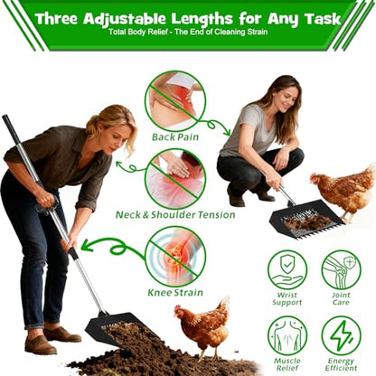 Chicken Poop Scooper & Rake 2-in-1 – 12 Inch Shovel Head & 3-Angle Adjustable Stainless Steel Handle, Chicken Litter Scoop and Coop Rake & Sand Sifting Shovel for Chicken Coops, Black - color: Black
