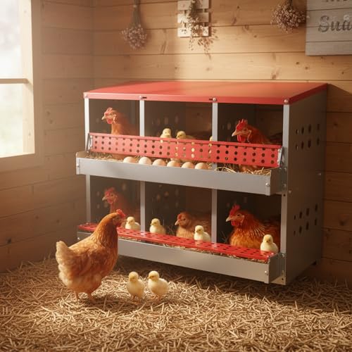 Chicken Nesting Boxes for Chicken Coop, 6 Compartments Wall-mountable Chicken Laying Boxes Easy Egg Collection with Ventilated Design, Weatherproof Galvanized Steel Metal Roosting Boxes