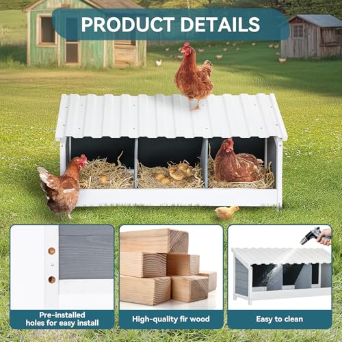PETSFIT 3 Holes Chicken Nesting Box-All Weather PVC Roof, Natural Wood Design with Privacy Back Panel for Hens-Wall Mounted or Floor Use in Coops, Farms, Backyards,Easy to Assemble and Clean - size: 3 Holes