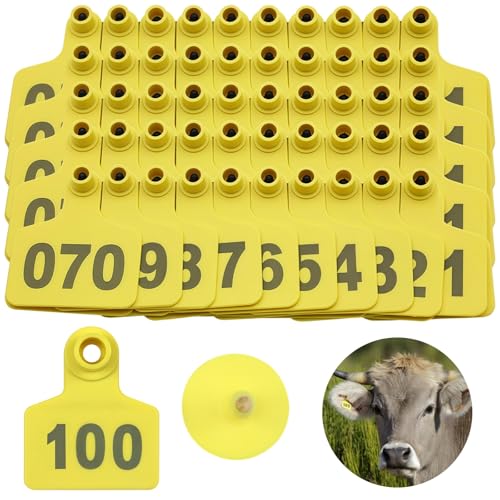 100 Pcs Cattle Ear Tags with Numbers, Plastic, Yellow, Farm Animal ID Identification Ear Tags for Livestock Management, 1.9 x 1.6 in