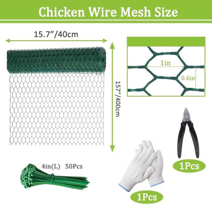 Chicken Wire,16.14 x 157 Inch Floral Chicken Wire for Floral Arrangements Green Mesh Netting 0.6inch Hexagonal Polyvinyl Chloride Coated Net, Fits for Handicrafts, Garden Fence, and Plant Protection