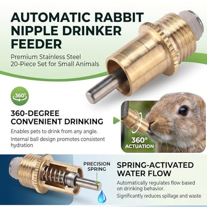 20Pcs Stainless Steel Rabbit Water Feeder Automatic Rabbit Drinker Nipple Easy Use Drinking Water Tool for Small Animals Farm Animal Supplies