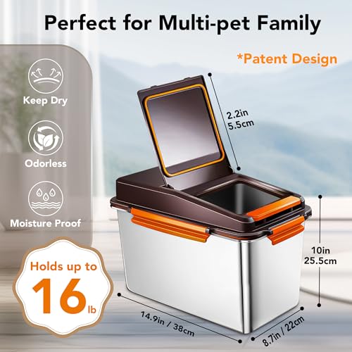 Newget Dog Food Storage Container Stainless Steel with Scoop, 16-lb/11-lb Airtight Metal Pet Food Storage Bin, Cat Food Container for Dry Dog, Cat Food, Bird Seed, Keep Food Fresh, Brown - color: A-Brown