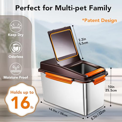 Newget Dog Food Storage Container Stainless Steel with Scoop, 16-lb/11-lb Airtight Metal Pet Food Storage Bin, Cat Food Container for Dry Dog, Cat Food, Bird Seed, Keep Food Fresh, Brown - color: A-Brown