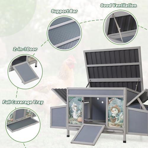 COZIWOW Chicken Coop with Nesting Boxes, 59'' Large Outdoor Poultry Hutch with 2 Perches, Weatherproof Wooden Hen House with Pull-Out Tray, Chicken Cage for Ducks & Rabbits, Gray