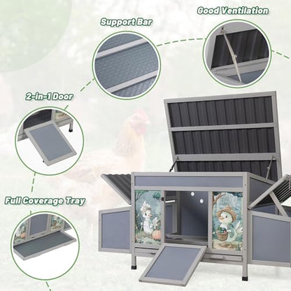 COZIWOW Chicken Coop with Nesting Boxes, 59'' Large Outdoor Poultry Hutch with 2 Perches, Weatherproof Wooden Hen House with Pull-Out Tray, Chicken Cage for Ducks & Rabbits, Gray