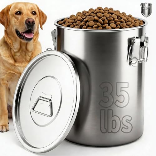 304 Stainless Steel Dog Food Storage Container, 35LB/40LB Airtight Pet Food Container with Locking Lid & Silicone Seal, Large Metal Food Storage Bin for Dry Dog/Cat Food, Rice, Flour (35 LBS) - size: 35 LBS