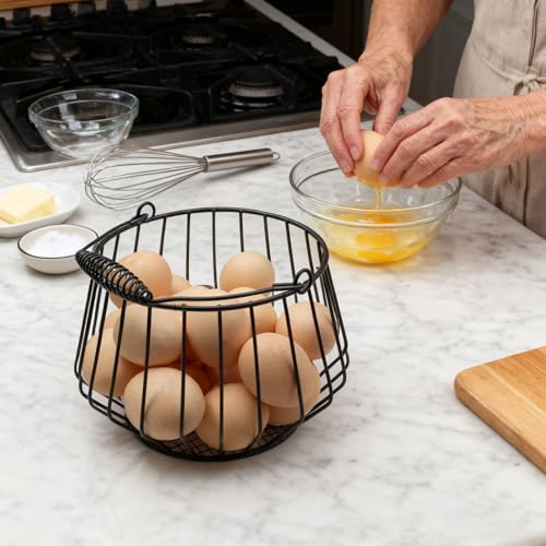 Wire Egg Basket for Gathering Fresh Eggs with Coiled Handle, Chicken Coop | Egg Basket Countertop, Fruit Basket Kitchen Counter, Harvest Basket, Easter Egg Basket, Holds 24 Eggs, Stable Base, Black