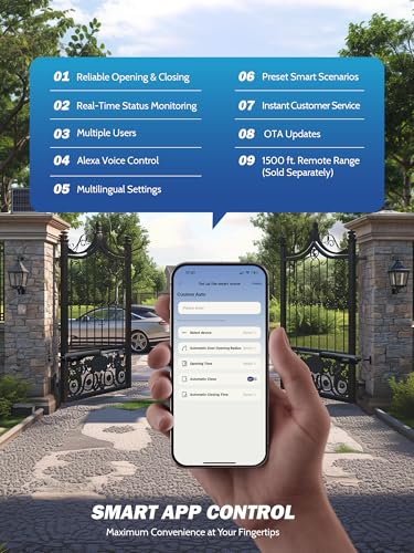 ZUMI Automatic Solar Gate Opener for Dual Swing Gates, App Control Swing Gate Opener for Gates up to 900lb 20ft, Electric Gate Opener with Remotes, Smart Gate Opening System for Home Driveway Garden