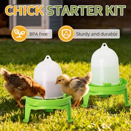 Chicken Feeder and Waterer Set, 3 Adjustable High-Legged Chassis | 1.5L Waterer and 1.5kg Feeder leak proof, Baby Chick Starter Kit Easy to Disassemble, for Ducks/Quail