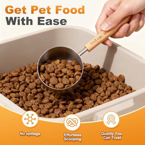 1PCS 1-1/2Cup(360ml | 12oz) Dog Cat Food Scoop, 18/8(304) Stainless Steel Measuring Cup with Wooden Handle, Etched Measurements Inside, BPA Free Portion Control for Pets & Kitchen Use - size: 1-1/2 CUP