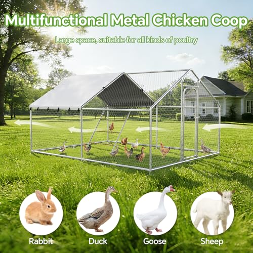 Large Metal Chicken Coop with Roosting Perch, Waterproof and UV-Resistant Cover,Outdoor Walk-in Cage Hen House for Yard Farm Rabbit Duck Chicken Run Spire Roof (10’ W x 13.2’ L x 6.4’ H) - size: 13x10Ft-Spire