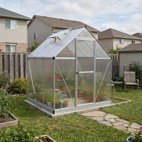 Canopia 6x6 Greenhouse Kit, Hobby Walk-In Twin-Wall UV Polycarbonate Heavy Duty Aluminum Frame, Lockable Door, Adjustable Roof Vent, Rain Gutters, Galvanized Steel Base, Mythos (Silver) - color: Silver, size: 6 Ft. x 6 Ft.