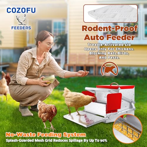 Feeders Automatic Chicken Feeder - Large Capacity for 6-12 Chickens, Lasts 10 Days (25lb Feed), Durable Galvanized Steel, Rat-Proof, No-Spill, Weatherproof Lid - color: Red, size: 25LB