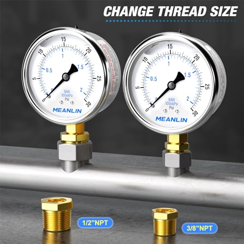 MEANLIN MEASURE 0~30Psi Stainless Steel 1/4" NPT 2.5" FACE DIAL Liquid Filled Pressure Gauge WOG Water Oil Air Lower Mount, with 1/2" NPT and 3/8" NPT Hex Bushing - size: 0-30Psi