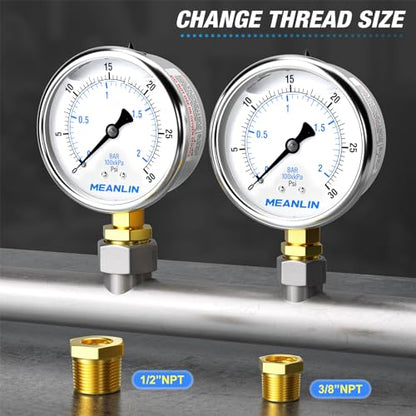 MEANLIN MEASURE 0~30Psi Stainless Steel 1/4" NPT 2.5" FACE DIAL Liquid Filled Pressure Gauge WOG Water Oil Air Lower Mount, with 1/2" NPT and 3/8" NPT Hex Bushing - size: 0-30Psi