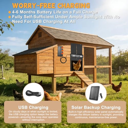 Solar Automatic Chicken Coop Door Opener, Auto Chicken Door with Timer and Light Sensor, Safe & Smart Operation with Obstacle Detection