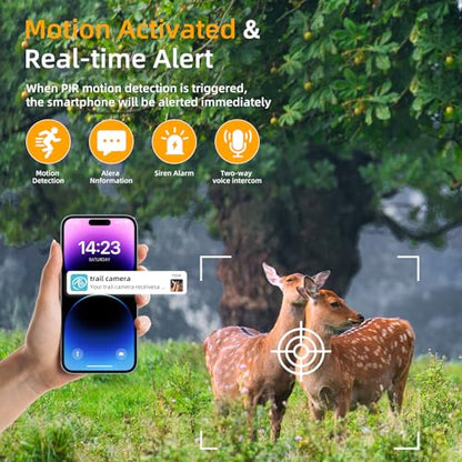 Trail Camera with Night Vision Game Cameras : 4G Cellular Trail Cam with Motion Activated Waterproof - Wildlife Camera with Solar Panel for Outdoor Deer Monitoring and Property Security with 32GB Card