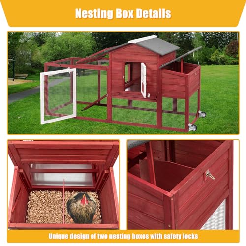 Ketive Wooden Chicken Coop Cage Outdoor Indoor Hen House with Nesting Box, Waterproof Roof, Removable Tray for Poultry Pets Enclosure Garden Backyard Grey (Red, 149.6" L x 22.05" W x 39.37" H) - color: Red