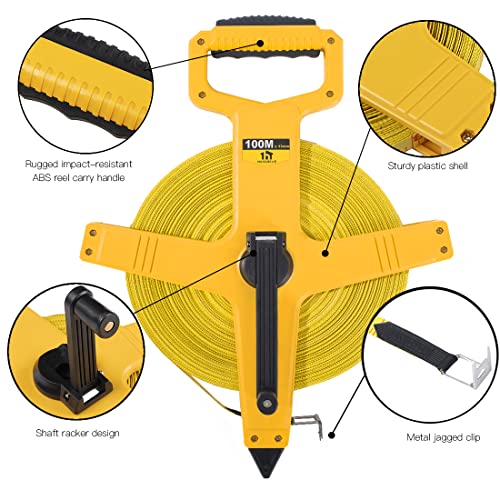 Open Reel Fiberglass Tape Measure, 330 Foot Tape Measure by 1/2-Inch, Inch/Metric Scale for Engineer,Outdoor, Athletic Field, Impact Resistant ABS Shell (330FT/100M - size: 100 m