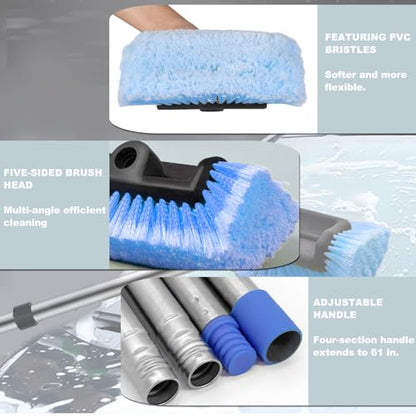 Car Wash Brush with Long Handle – Five-Sided Soft Bristle Brush for Car, Truck, SUV, RV, Boat & House Siding Cleaning(Blue) - color: Blue