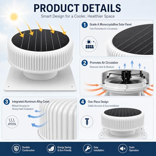 30W Round White Solar Attic Fan, 12 Inch | 1800 CFM, Solar Powered Roof Exhaust, Controller-Free Auto Ventilation, Heavy-Duty Copper Motor Weatherproof - color: White+Round 1