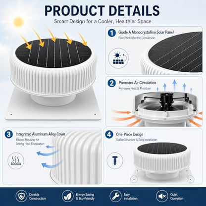 30W Round White Solar Attic Fan, 12 Inch | 1800 CFM, Solar Powered Roof Exhaust, Controller-Free Auto Ventilation, Heavy-Duty Copper Motor Weatherproof - color: White+Round 1