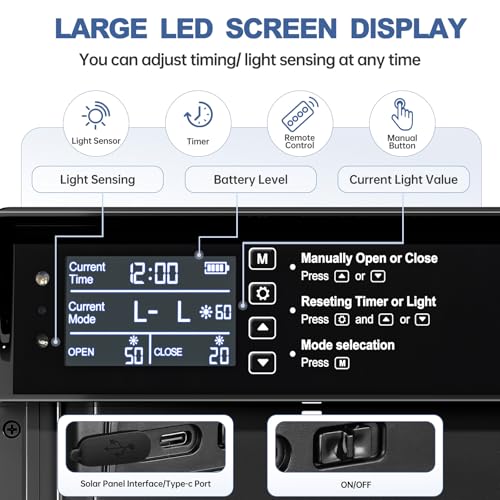 Solar Chicken Coop Door, Automatic Chicken Door Solar Powered & USB Charging, Auto Chicken Door 4 Modes with Timer & Light Sensor, Anti-pinch & Alert, Remote, LED Screen, Aluminum Waterproof Coop Door