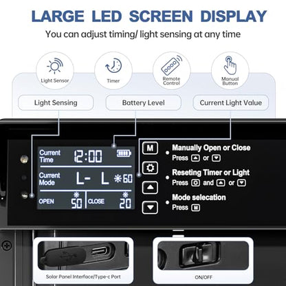 Solar Chicken Coop Door, Automatic Chicken Door Solar Powered & USB Charging, Auto Chicken Door 4 Modes with Timer & Light Sensor, Anti-pinch & Alert, Remote, LED Screen, Aluminum Waterproof Coop Door