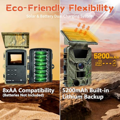 Solar Trail Camera WiFi Bluetooth - 5K 60MP Game Camera with 5200mAh Battery, Rechargeable Trail Cam with 64GB SD Card, Wildlife Cameras Deer Cams for Outdoor Backyard