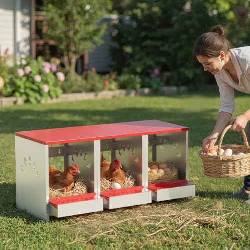 Chicken Nesting Boxes, 3 Hole Large Metal Hen Laying Box with Swing Perch and Roll Away Egg Collection, Wall Mountable with Vented Holes for Chickens Ducks Birds - size: 12.2"L x 9.9"W x 15.4"H