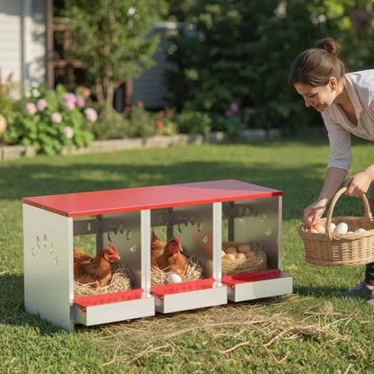 Chicken Nesting Boxes, 3 Hole Large Metal Hen Laying Box with Swing Perch and Roll Away Egg Collection, Wall Mountable with Vented Holes for Chickens Ducks Birds - size: 12.2"L x 9.9"W x 15.4"H