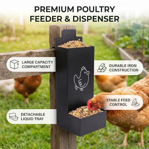 Fdit Hanging Chicken Feeder Iron, Large Capacity Poultry Feed Box with Detachable Water Tray 23.4cm for Cage Tree Branch Mount with Screws