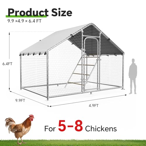 Large Metal Chicken Coop with Roosting Perch, UV-Resistant and Waterproof Cover, Chicken Run Outdoor Walk-in Cage Rabbit Duck Hen House for Yard Farm Use Spire Roof (10’ W x 4.9’ L x 6.4’ H) - size: 59.9"L x 118.0"W x 78.0"H