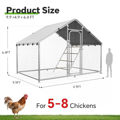 Large Metal Chicken Coop with Roosting Perch, UV-Resistant and Waterproof Cover, Chicken Run Outdoor Walk-in Cage Rabbit Duck Hen House for Yard Farm Use Spire Roof (10’ W x 4.9’ L x 6.4’ H) - size: 59.9"L x 118.0"W x 78.0"H