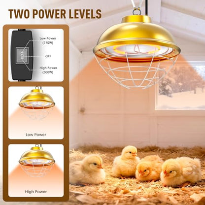 300 Watt Heat Lamp for Chicken Coop, Hanging Chicken Coop Heater, Carbon Fiber Bulb Waterproof Coop Heater with 2 Heating Levels, Chicken Warmer Lamp for Indoor Poultry Pet House Livestock Greenhouse - size: Small Coop Heater