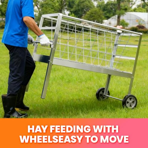 Goat Feeder with Wheels, 2-in-1 Galvanized Steel Livestock Feeder with 50 Gallon Grain Pan, Heavy Duty Hay Feeder for Goats, Pasture Horses & Pig Feeder, Silver (Silver) - color: Silver