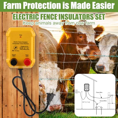 MorningRo Electric Fence Charger Set 110VAC 0.15 Joule Electric Plug in Fence to Contain Pet Poultry Keep Rodent, 50 Black Insulator and 1 Socket Tool 250ft Aluminum Wire for Garden Pond Protection - style: 0.15 Joule