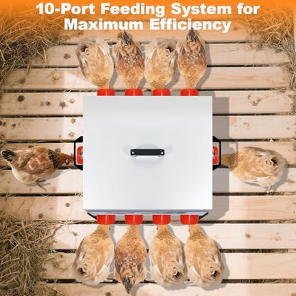 100LB Large Automatic Chicken Feeder–10 Feeding Ports No-Waste Galvanized Metal Chicken Feeder Box with Adjustable Legs & Locking Lid Poultry Feeder for Chickens,Ducks,Geese,Rust-Resistant - size: 100LB