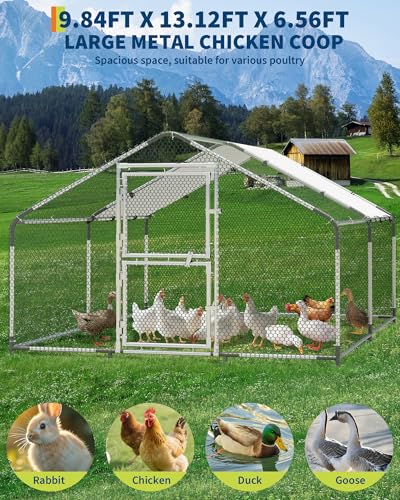 Large Metal Chicken Coop, 9.8' W x 13.1' L x 6.5 H Walk-in Poultry Cage, Chicken Run Pen House with Waterproof & Anti-Ultraviolet Cover & Lockable Doors for Outdoor