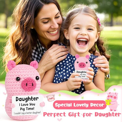 GevGuxLuo Funny Birthday Gifts for Daughter from Mom Dad-Mini Inspirational Positive Handmade Crochet Pink Pig Animal Gifts,Mothers Day Birthday Daughter Gift for Teen Girls Adult Graduation Gift - style: Daughter