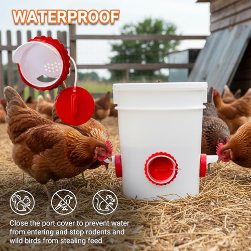 Chicken Feeder Port Kit 6 Pack, Cilkus DIY Automatic Poultry Feeder Cups for Buckets & Bins, No Waste Gravity Feed Chicken Feeder Ports with Covers for Hens, Ducks and Poultry (6-Pack) - size: 6-Pack