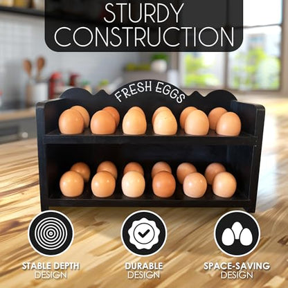 Black Premium Pine Wooden Egg Holder 2-Tier Durable 24-Egg Storage Solution Ideal for Modern and Rustic Kitchen Fresh Eggs - color: Black
