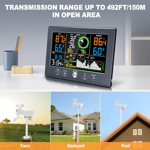 Urageuxy Weather Stations Wireless Indoor Outdoor, Home Weather Station with Rain Gauge, Atomic Clock, Wind Speed, Weather Forecast, Temperature, Humidity, Moon Phase, Barometric Pressure - color: Grey