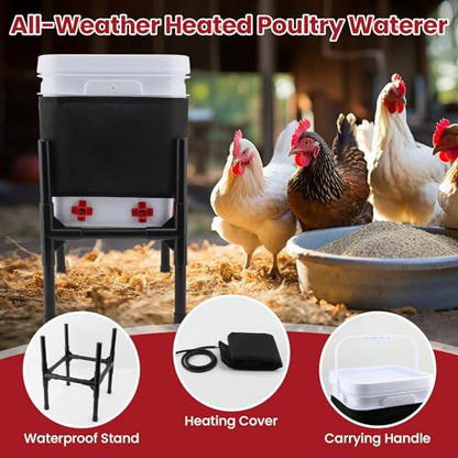 Heated Chicken Waterer with Stand, Thermostatically Poultry Water Heater with Nipples for Winter Outdoor Coop 3 Gallon (Black, 12L)