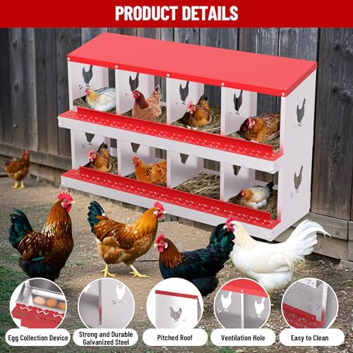 Chicken Nesting Box,8 Holes Galvanized Steel Metal Chicken Laying Box with Automatic Roll-Away Egg Collection System & Removable Tray,Wall Mount Nesting Boxes - color: Red, size: 8 Holes