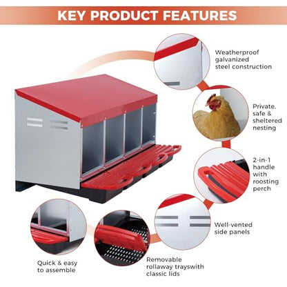 Chicken Nesting Boxes, Heavy-Duty 8-Compartment Metal Chicken Nesting Box – Removable Tray, Ventilation Holes, Easy Egg Collection, Rustproof Galvanized Steel - Red - 4 - Slot - color: Red, size: 4 - Slot